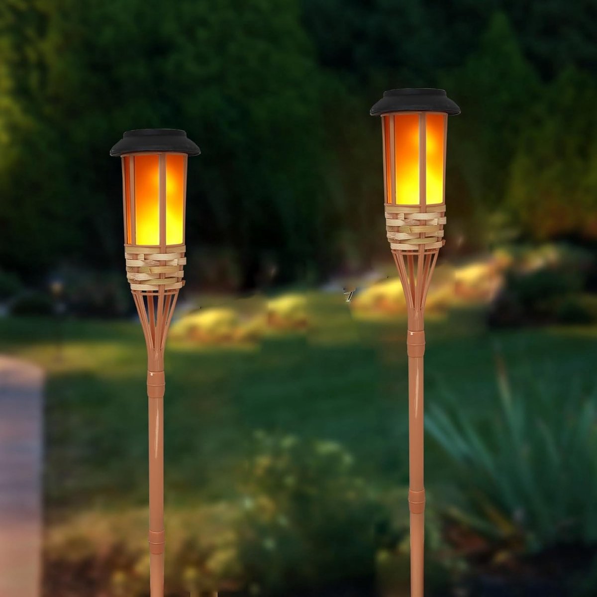 Zonne-energie Tuinverlichting met Flikkerende Vlam - Waterdichte Buitenlamp, Handgemaakte Bamboe Fakkel (2 Stuks) voor Tuin en Terras