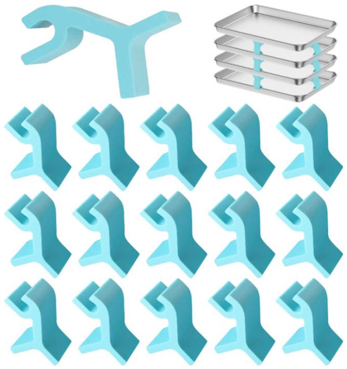 Blauwe bakplaat stapelhouders set van 16 stuks - ruimtebesparende tray stapel clips voor bakblikken vriesdroger lades - plastic stapelsteunen voor keuken bakaccessoires