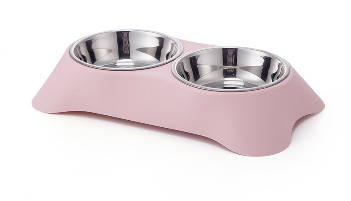 Roze siliconen dubbele voerstandaard voor katten en kleine honden, uitneembare roestvrijstalen voerkommen, anti-slip en morsbestendig, afmeting 34x20x6,5cm, geschikt voor water en droogvoer