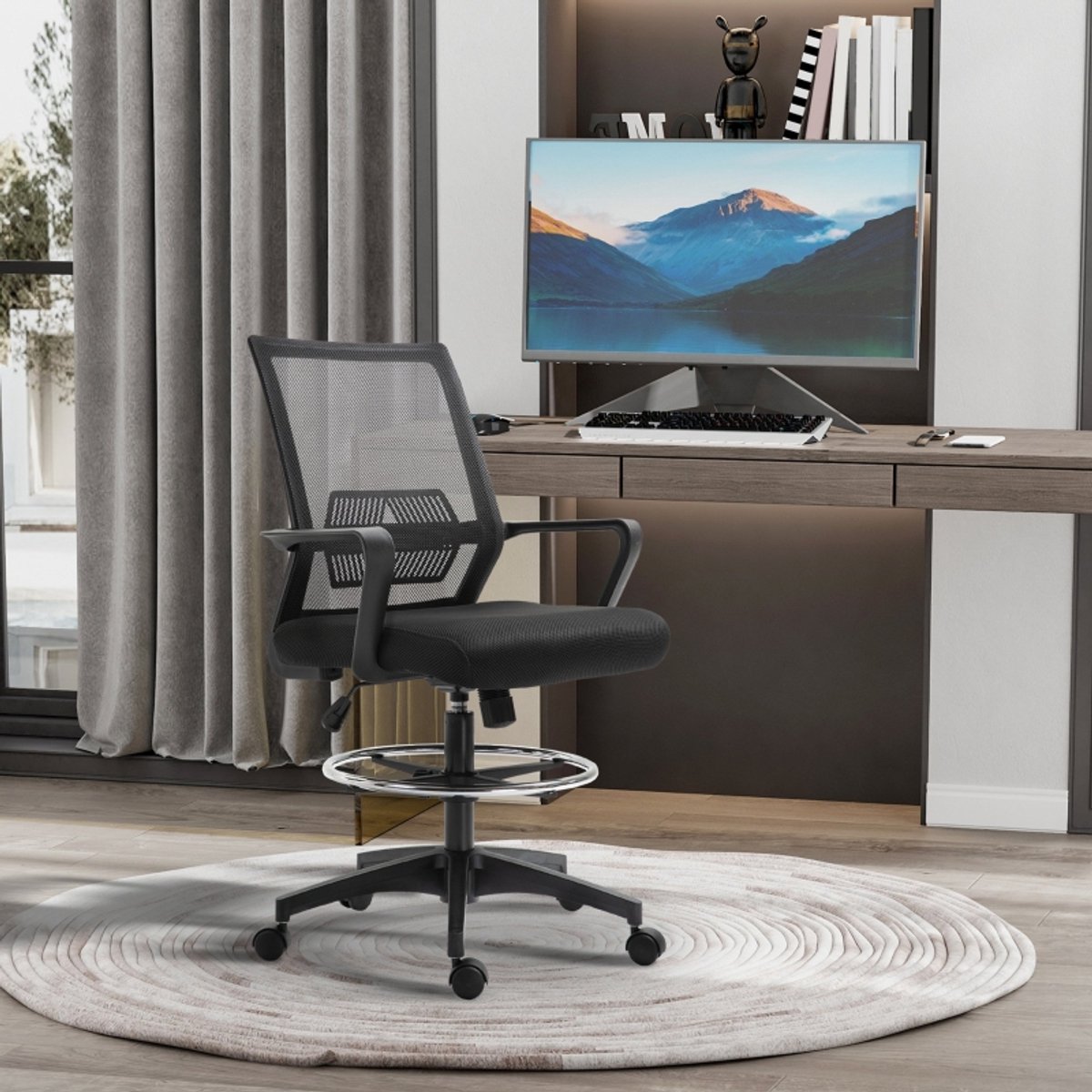 MODENUIT Bureaustoel 64 x 59 x 104-124 cm - Verstelbare Zithoogte en Wippfunctie - Voor Kantoor - Kunststof Zwart