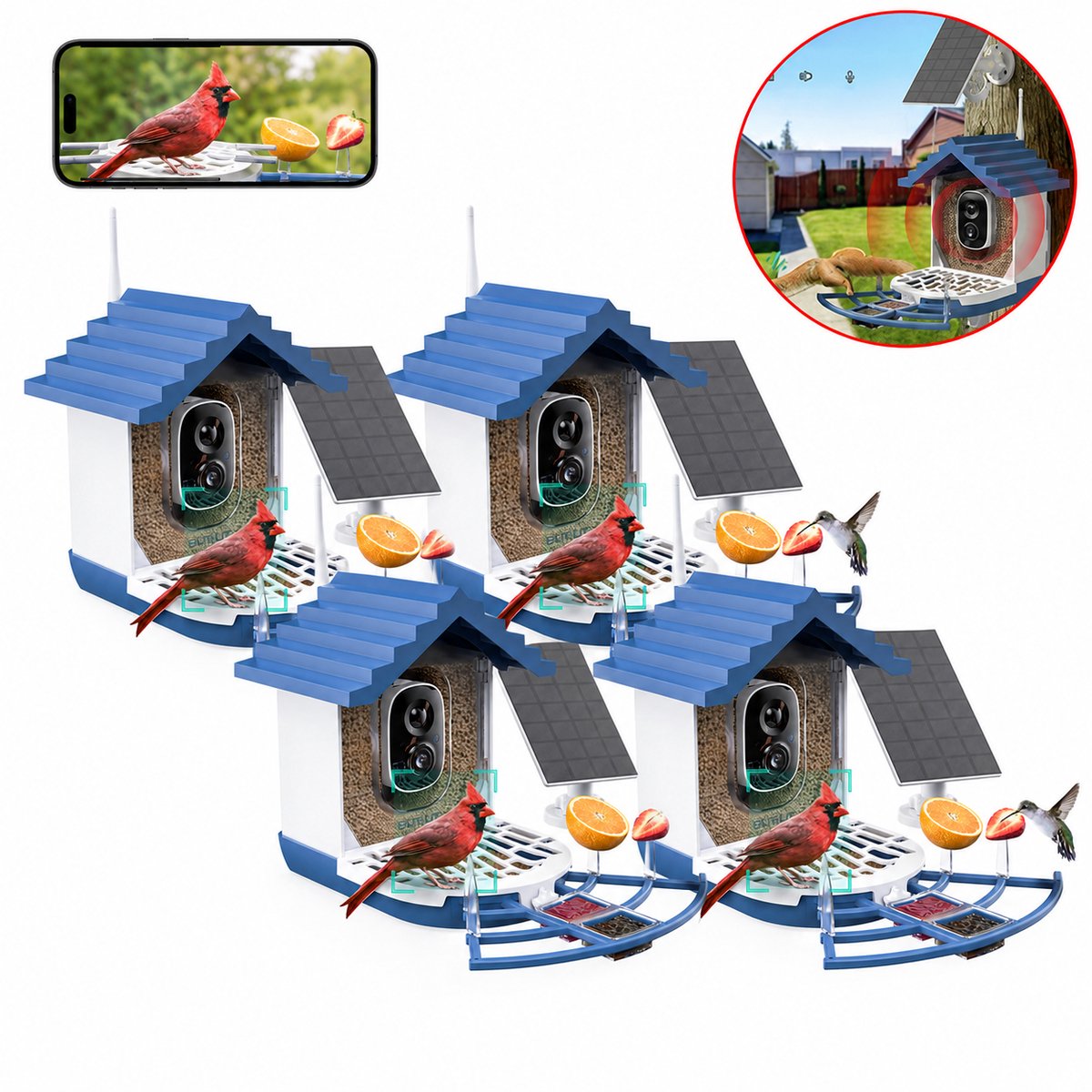 Vogelvoederhuisje - Vogelhuisje met Camera - 2K HD Camera - AI vogelherkenning - Live Videostreaming en Meldingen - Met Zonnepanelen - 4 stuks
