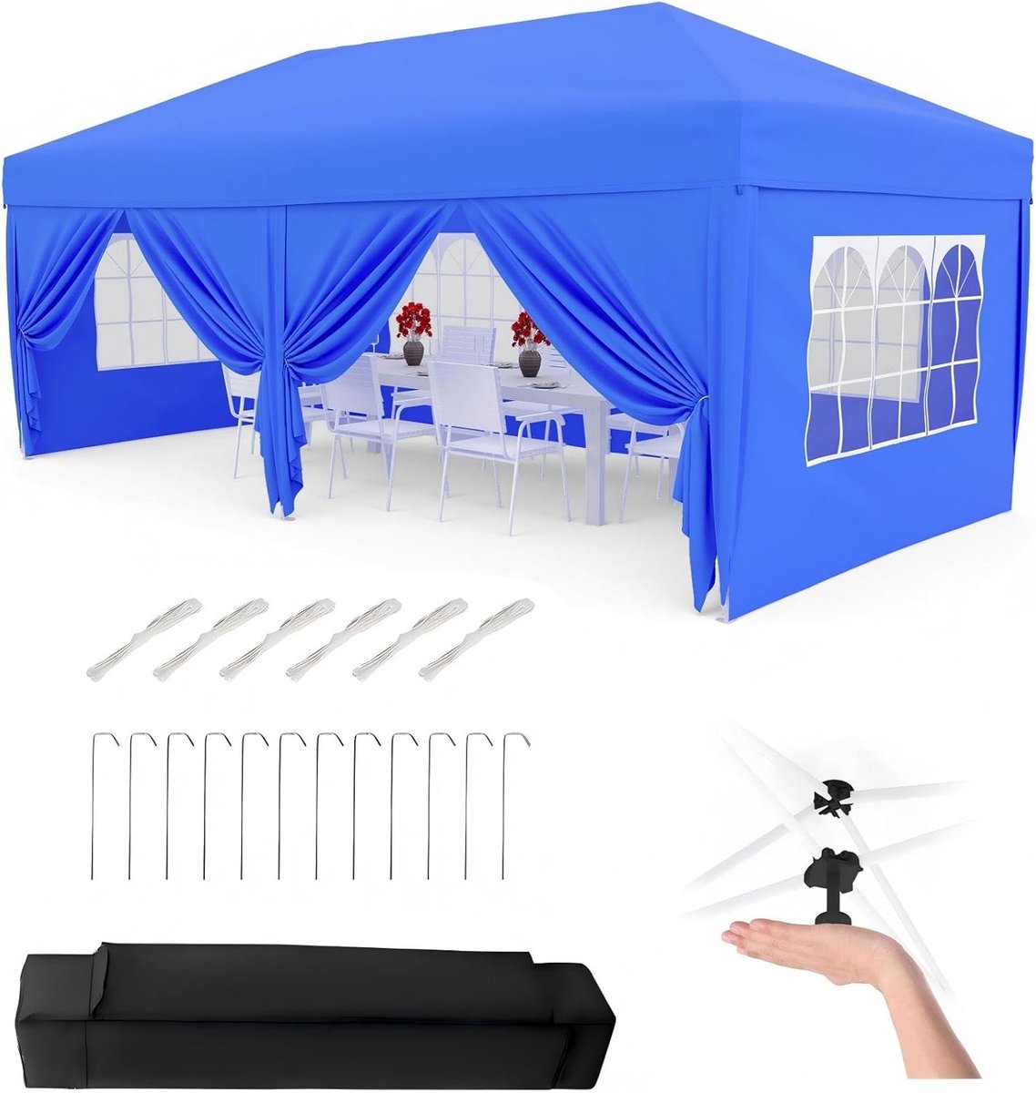 Pop-up Partytent 3x3 m met 4 Zijwanden – Waterafstotend, UV-bescherming UPF 50+, Verstelbare Hoogte, Inclusief Haringen, Scheerlijnen, Zandzakken en Wieltas - Blauw