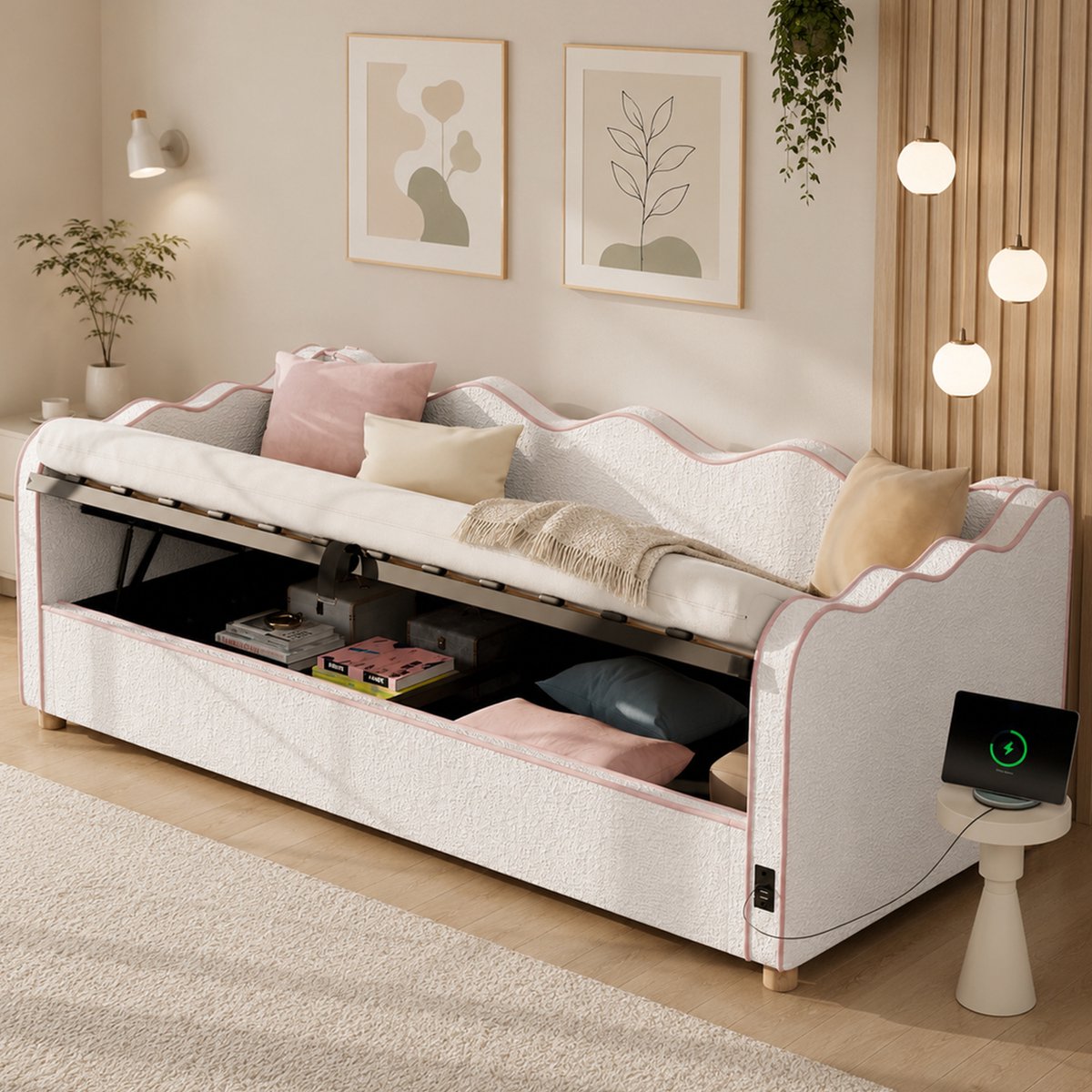 Intebiki slaapbank - slaapstoel - slaapbank 2 persoons - dagbed -eenpersoonsbed 90x200 - met hydraulische opbergruimte - zetelbed - bedbank met USB-aansluiting en rugleuning - beige