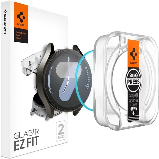 Spigen verpakking met 'Glas.TR EZ FIT' en '2 PACK', naast een zilverkleurig horloge en installatiehulp.