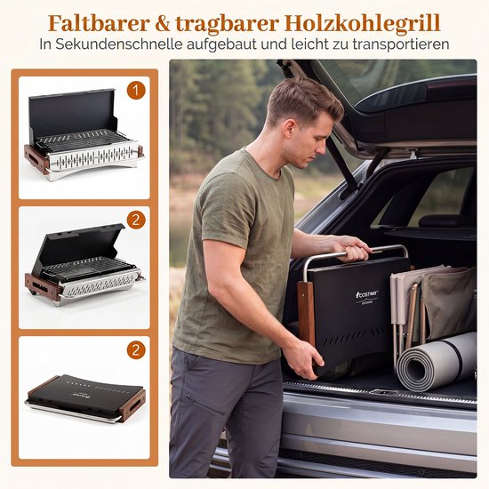 COSTWAY Houtskoolgrill klein, tafelgrill inklapbaar (50,5 x 33,5 x 6,5 cm) - Campinggrill met 2 verstelbare grillhoogtes, reisgrill, houtskoolbarbecue, mini-grill voor BBQ, reizen, picknick van costway — afbeelding 2
