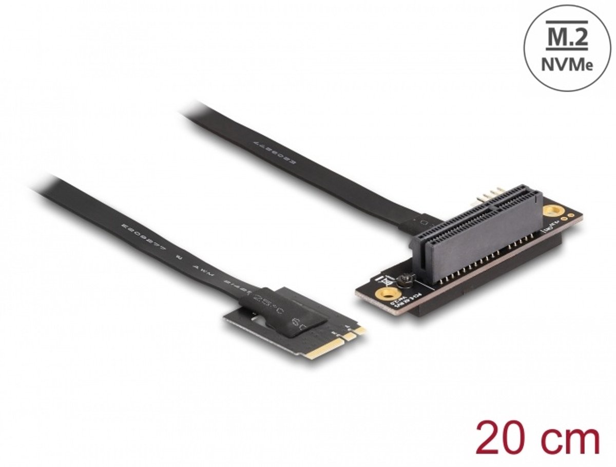 Image of Delock M.2 Key A+E to PCIe x4 NVMe Adapter angled with 20 cm cable