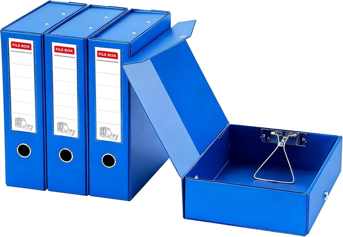Archiefdozen A4 met deksel, 4 stuks in blauw, 88 mm brede rug voor documenten en kantoororganisatie