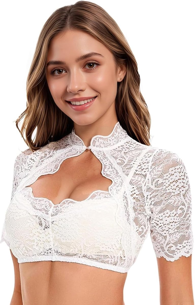 Vrouwelijke V-hals Dirndl Blouse met Korte Mouwen van Kant voor Oktoberfest en Carnaval