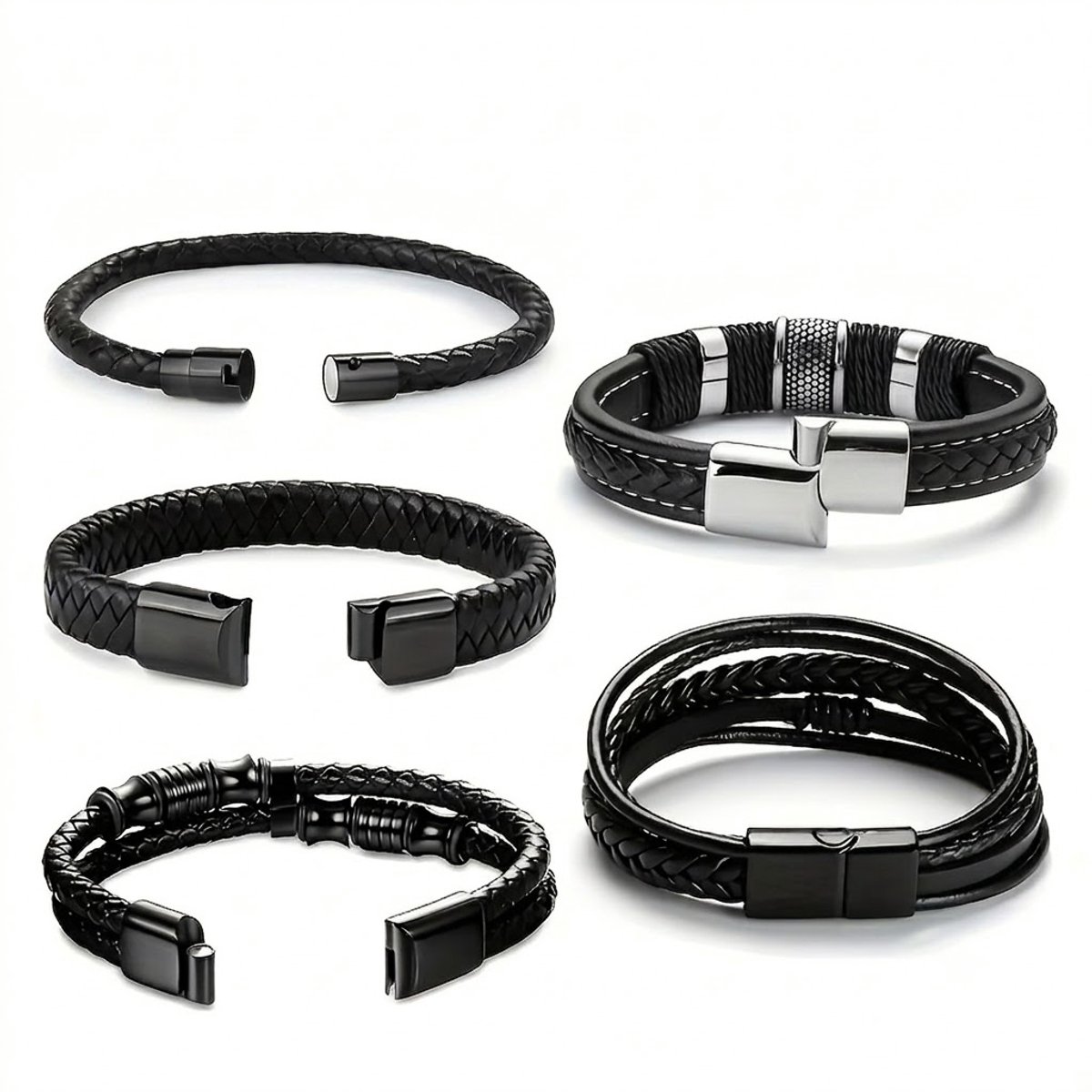 Zwart Leren armband Set Heren Gevlochten armband 5 Delige Armbandenset met Metaalkleurige Sluiting Casual Armbanden Set Verstelbare Look Trendy Pols Sieraden Accessoire