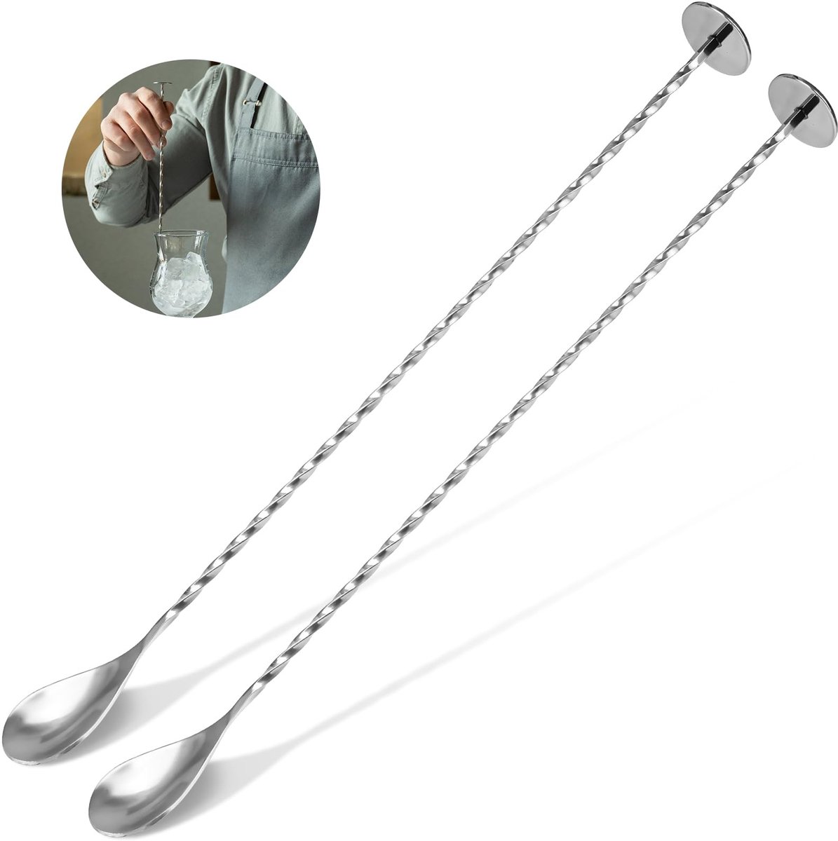longziming -Cocktail Roerlepel - Bar Mix Lepel - Roestvrijstalen Mengstaaf - Ergonomisch Spiraalvormig Handvat - Afgeronde Onderkant Voor Stabiliteit - Ideaal Voor Cocktails En Milkshakes - 2 Stuks