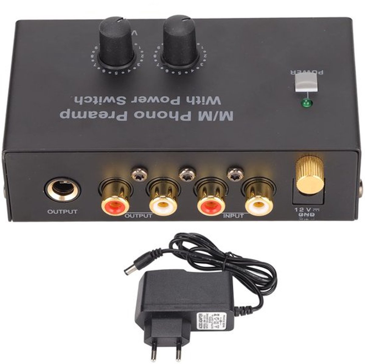 Phono-voorversterker, RIAA-versterker voor draaitafels met 12V DC-adapter en ingang/uitgang voor luidsprekers.