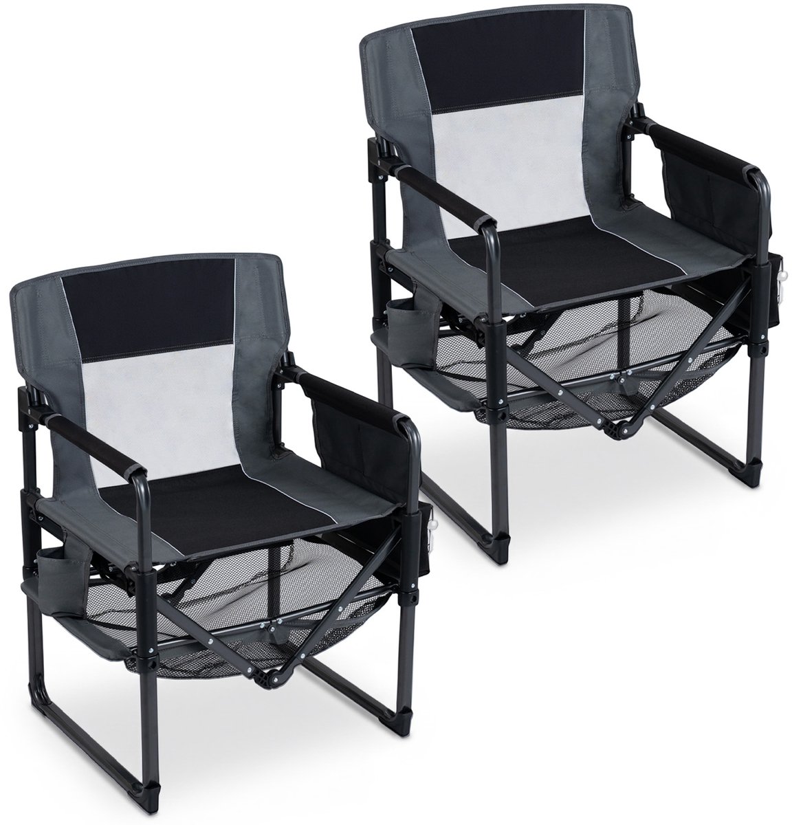 COSTWAY Campingstoel, inklapbaar, set van 2, draagbare regisseurstoel, zwart | Klapstoel met bekerhouder, flesopener, netplank en zijvak, visstoel voor camping, picknick