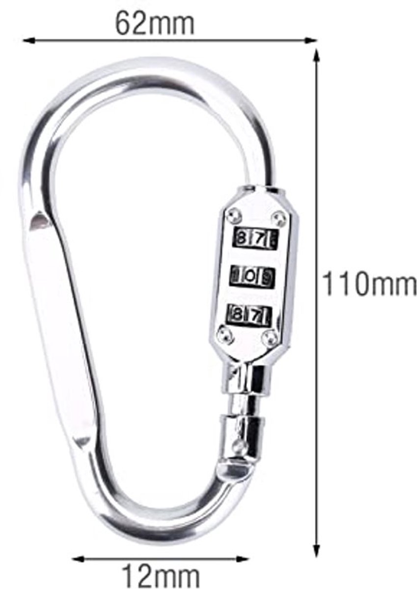 Karabijnhaakclip in 3 kleuren, reistas, bagage, veiligheidsslot met cijferslot, vergrendelbaar hangslot voor buitengebruik (kleur: zilver)