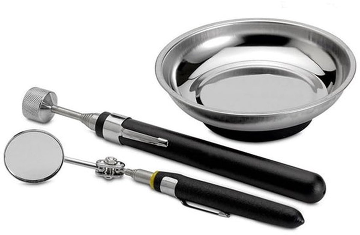 3-delige inspectietoolset, roestvrijstalen magnetische onderdelen tray, telescopische inspectiespiegel met uitschuifbare magneet voor schroeven, bouten, moeren