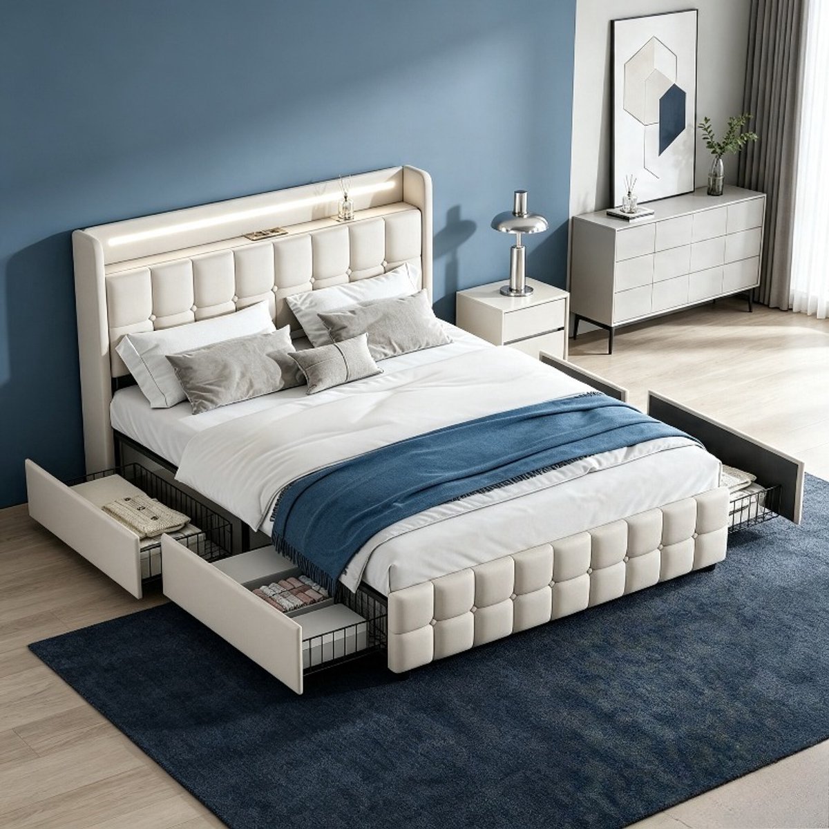 ROSAHQNDA Tweepersoonsbed 180x200 cm met led verlichting, 2 persoonsbed met opbergruimte en 4 laden, gestoffeerd bedframe van linnen met hoofdbord, beige bed zonder matras