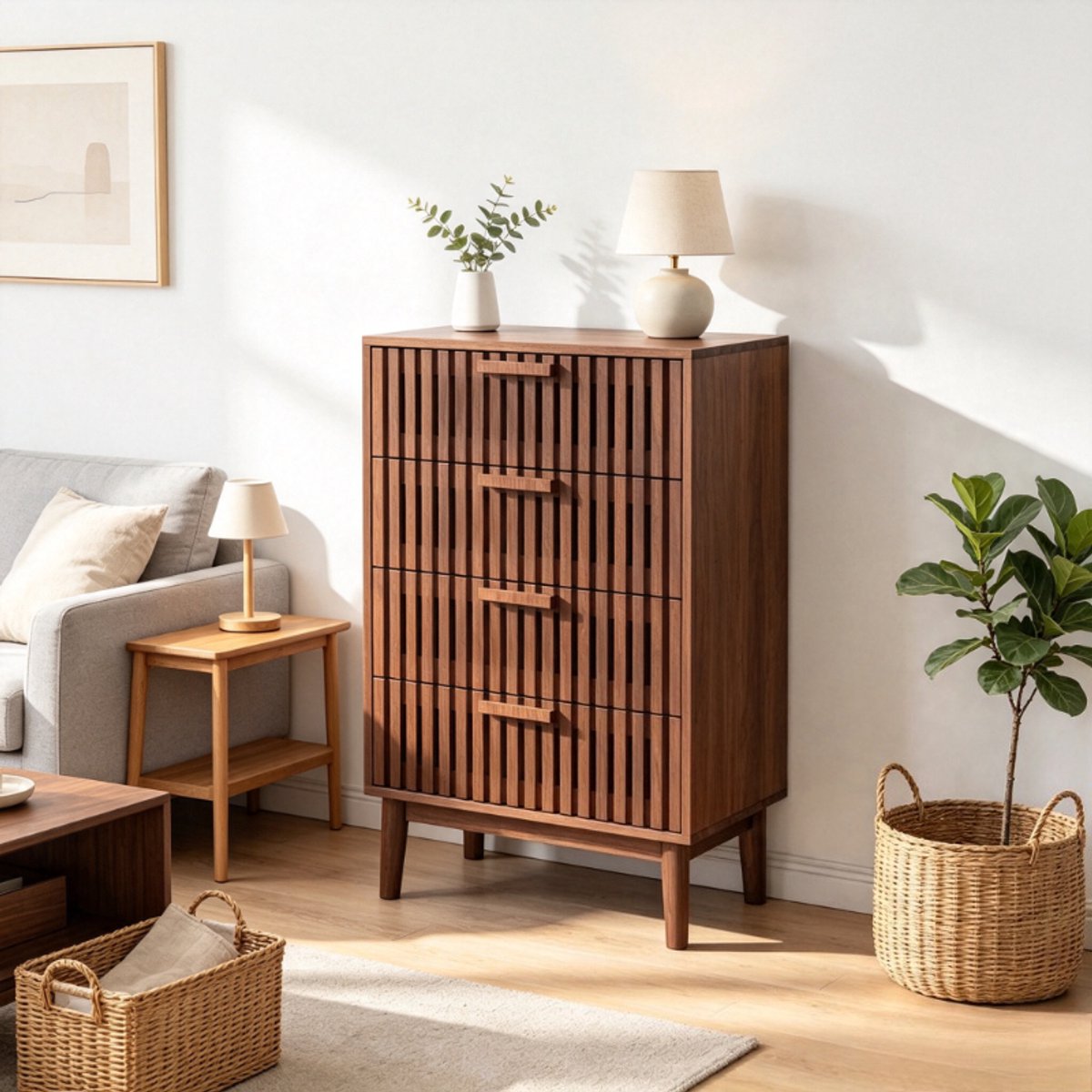 Ladekast 60x34x91 cm, moderne opbergkast met 4 lades, dressoir kast voor woonkamer, multifunctioneel opbergmeubel, houten kast in walnootkleur
