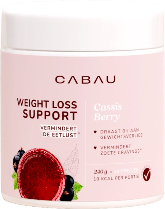 Pot Cabau Weight Loss Support met Cassis Berry smaak, met tekst over gewichtsverlies en cassisbessen.