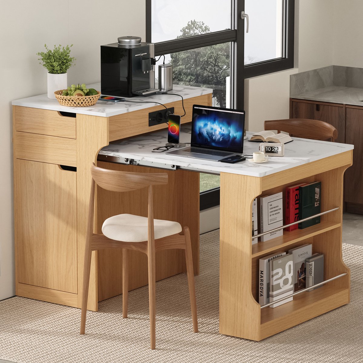 Wishdor - Eettafel - Uitschuifbaar met stopcontact en 2 lades - Modern - Keuken en eetkamer - Houtlook met marmerlook blad - Naturel - 55-153 x 80 cm