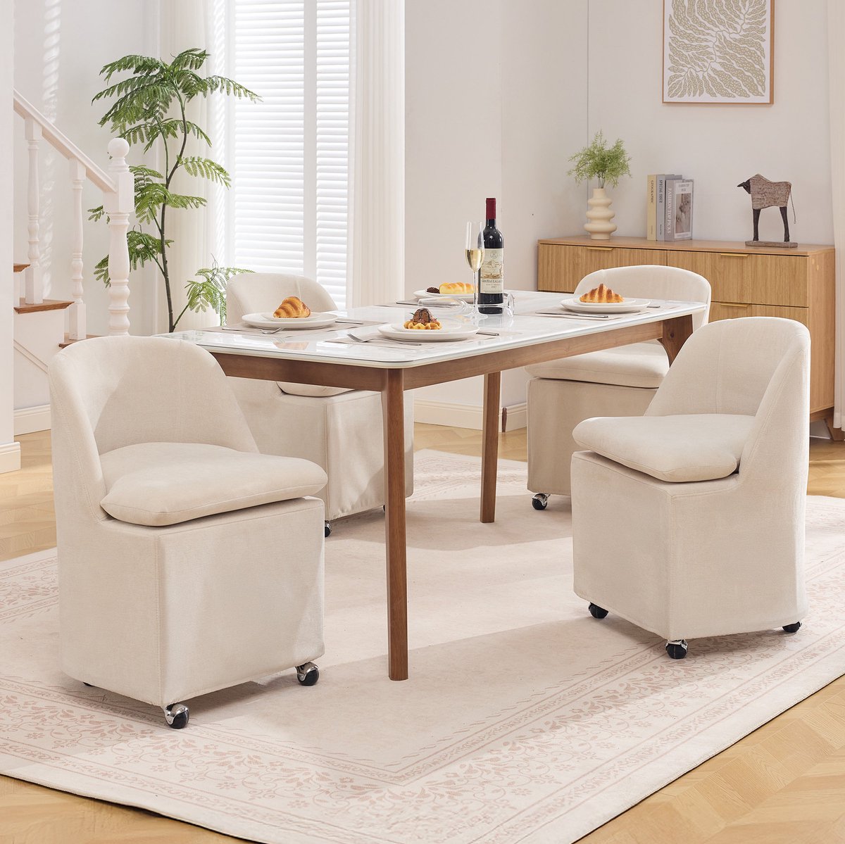 OKWISH Eetkamerstoel 53 x 53,5 x 78,5 cm - 360° Draaibaar Met Universele Wielen - Zonder Armleuning Voor Eetkamer, Slaapkamer Of Werkplek - Chenille - Beige