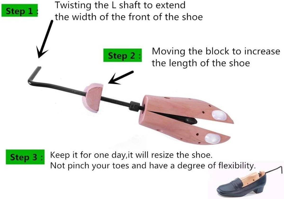 Verstelbare houten schoenspanners voor optimale pasvorm en ondersteuning van schoenen, geschikt voor verschillende lengtes en breedtes