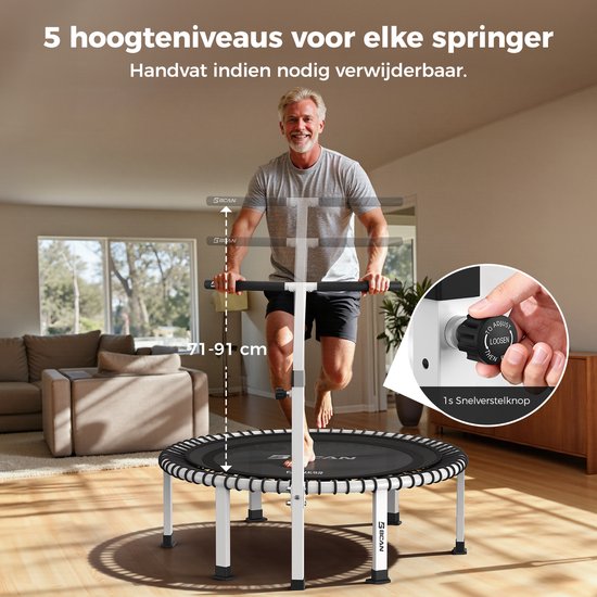 Man springt op een zwarte trampoline met handvat op verschillende hoogtes van 71-91cm. Verstelknop met 1s snelverstelknop.