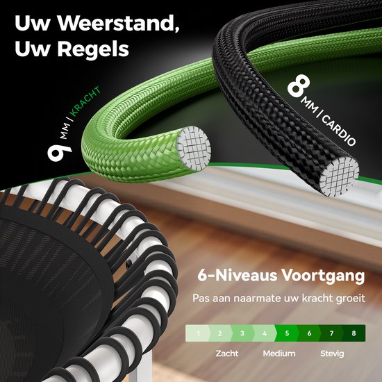 Groene en zwarte fitness elastieken voor weerstand, 9 mm kracht en 8 mm cardio.