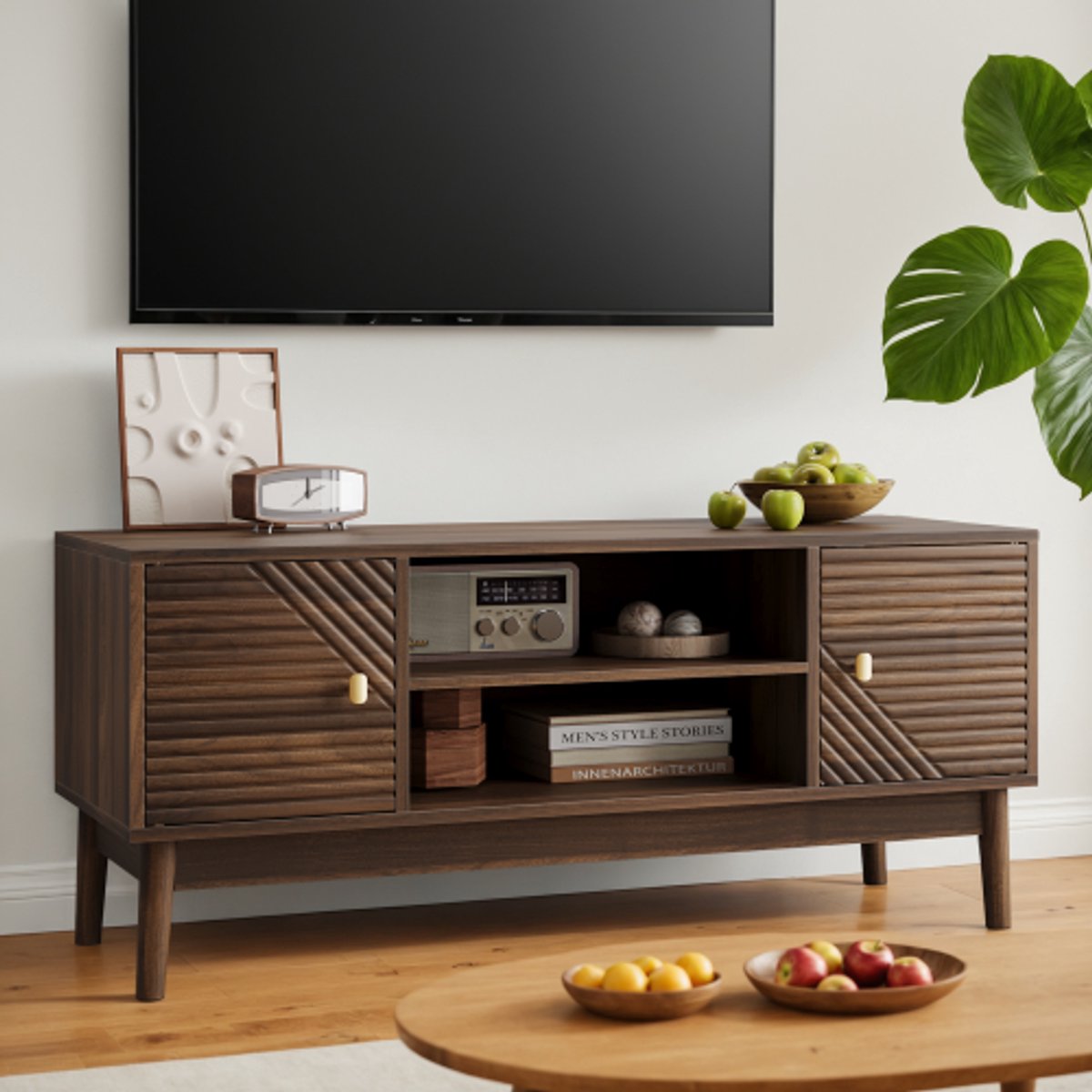 TV-Standaard 110x40x48 cm – Landelijke Sidetable - Walnoothouten Mediameubel met Massief Houten Poten