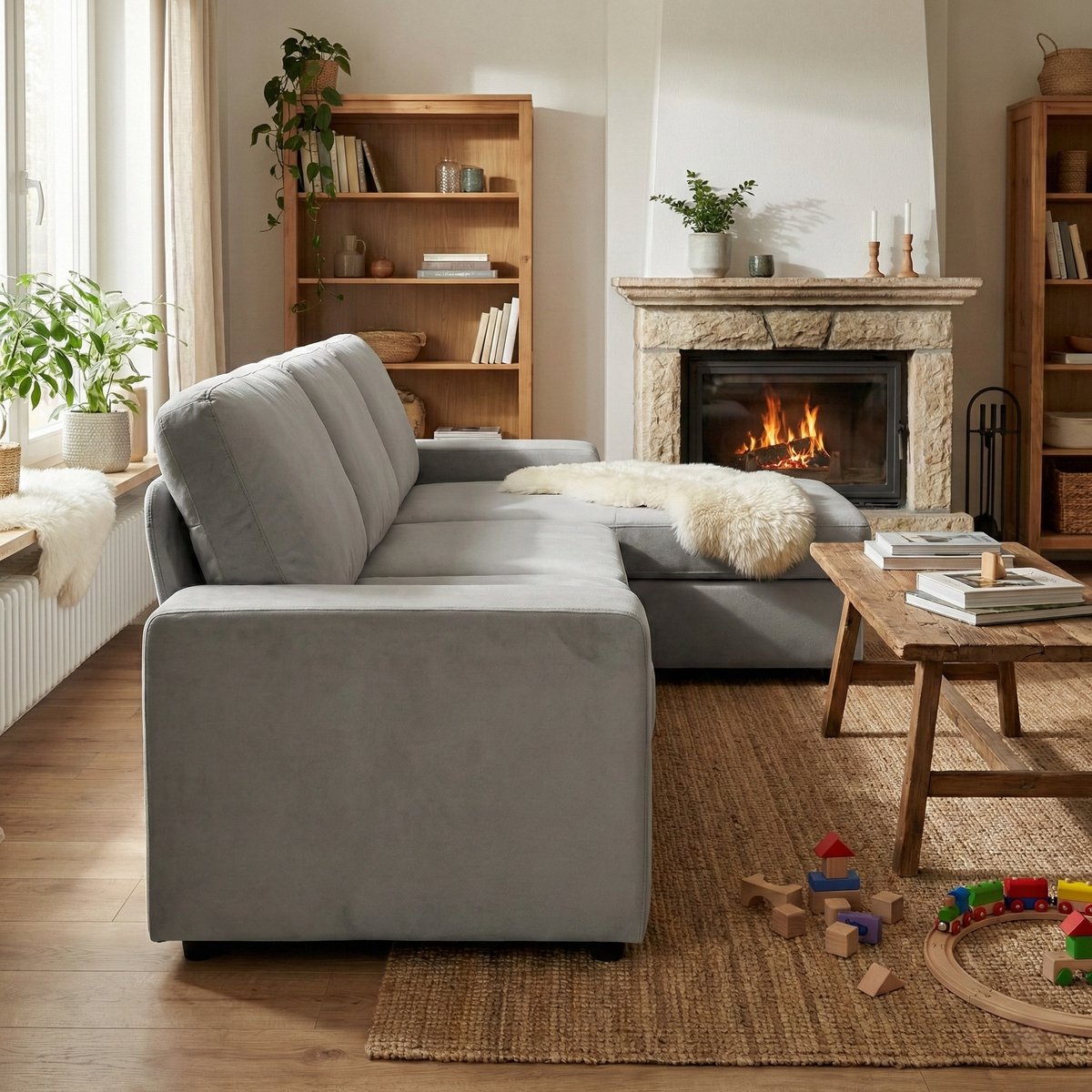 HAUSS SPOLE Hoekbank - Hoeksofa Met Opbergruimte - Ottomane Met Flexibele Hoekopstelling - 3-Zits Voor Woonkamer - Polyester Lichtgrijs