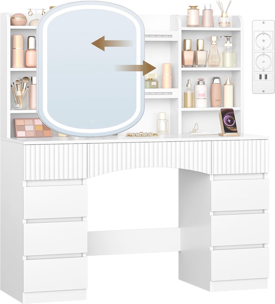 Hzuaneri Grote Kaptafel, Kaptafel met Grote High-definition Spiegel, Ledverlichting, Stekkerdoos, 9 Lades en 11 Opbergvakken, Voor Slaapkamergebruik, 40×108×143 cm, Wit