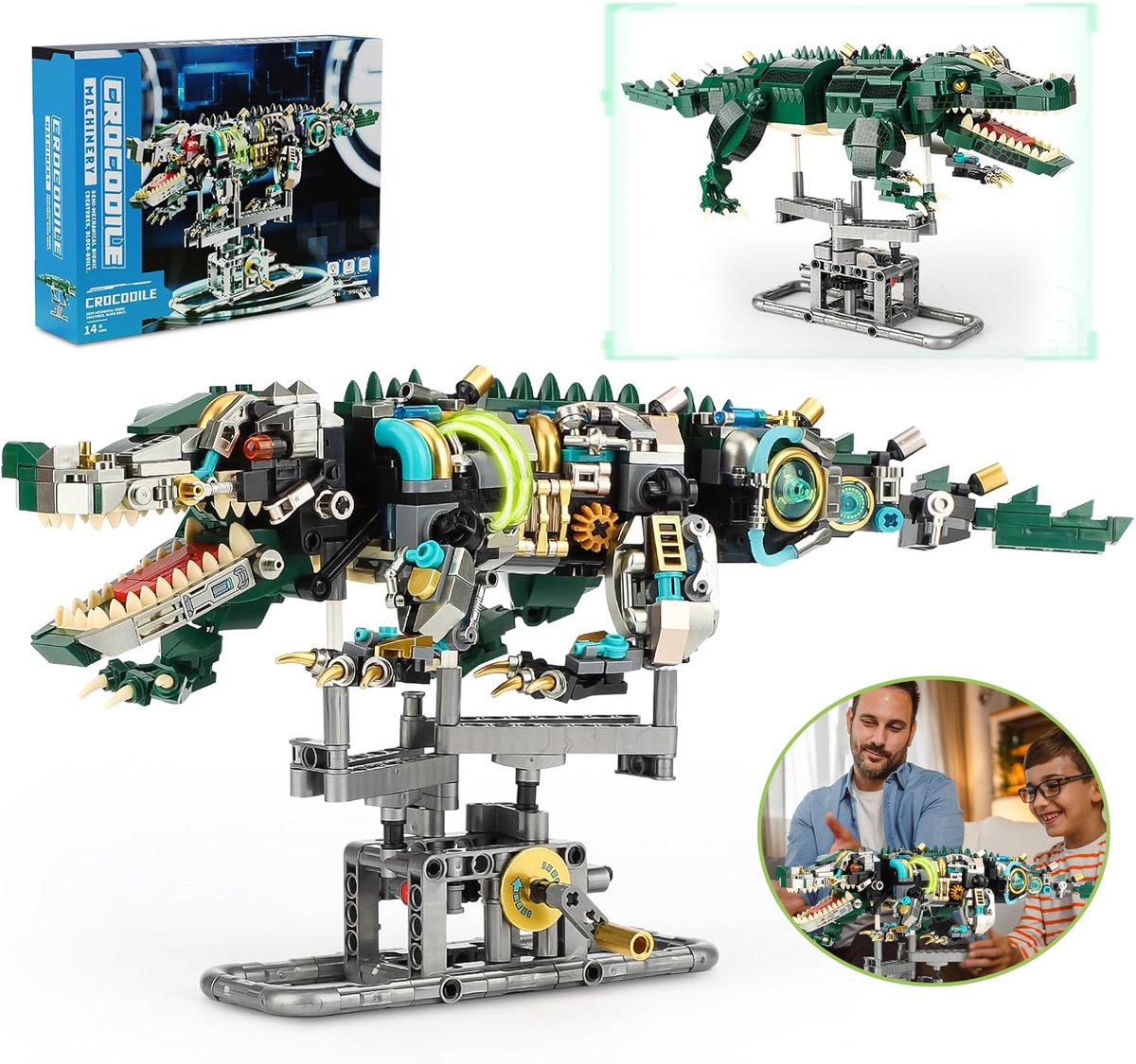 Mechanische Krokodil Bouwset - Alligator Speelgoeddier Met Displaystandaard En Verlichting - Creatief Educatief STEM-Presentatiemodel