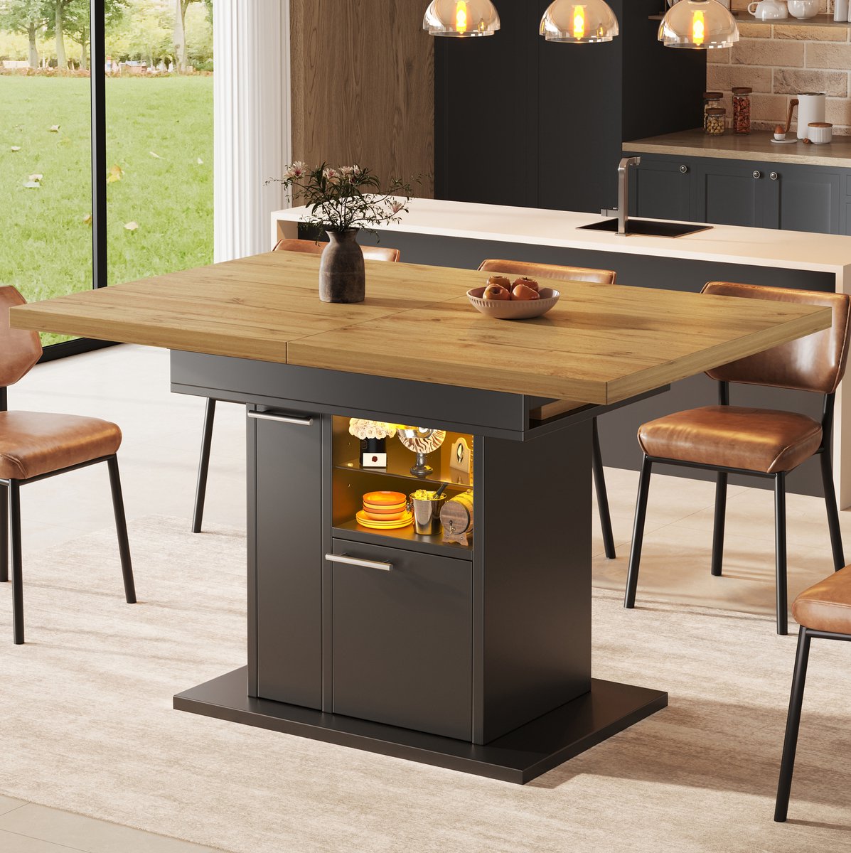 OKWISH Eettafel - Uitschuifbaar Met Opbergruimte En Meerkleurige Ledverlichting - Voor Kleine Ruimtes - MDF Zwart - 110-140x80x77,2 cm