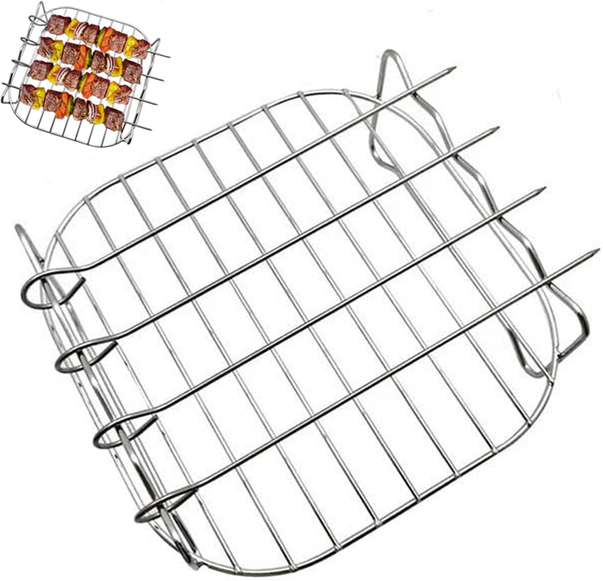 OUYLAF Airfryer rooster rvs - airfryer grillrek - roestvrijstalen grillrooster - Zilver - 19*19*7cm - Rond Roestvrijstalen Bakrooster met Spiesen - Multifunctioneel RVS Kookrooster Met Vier Spiesen