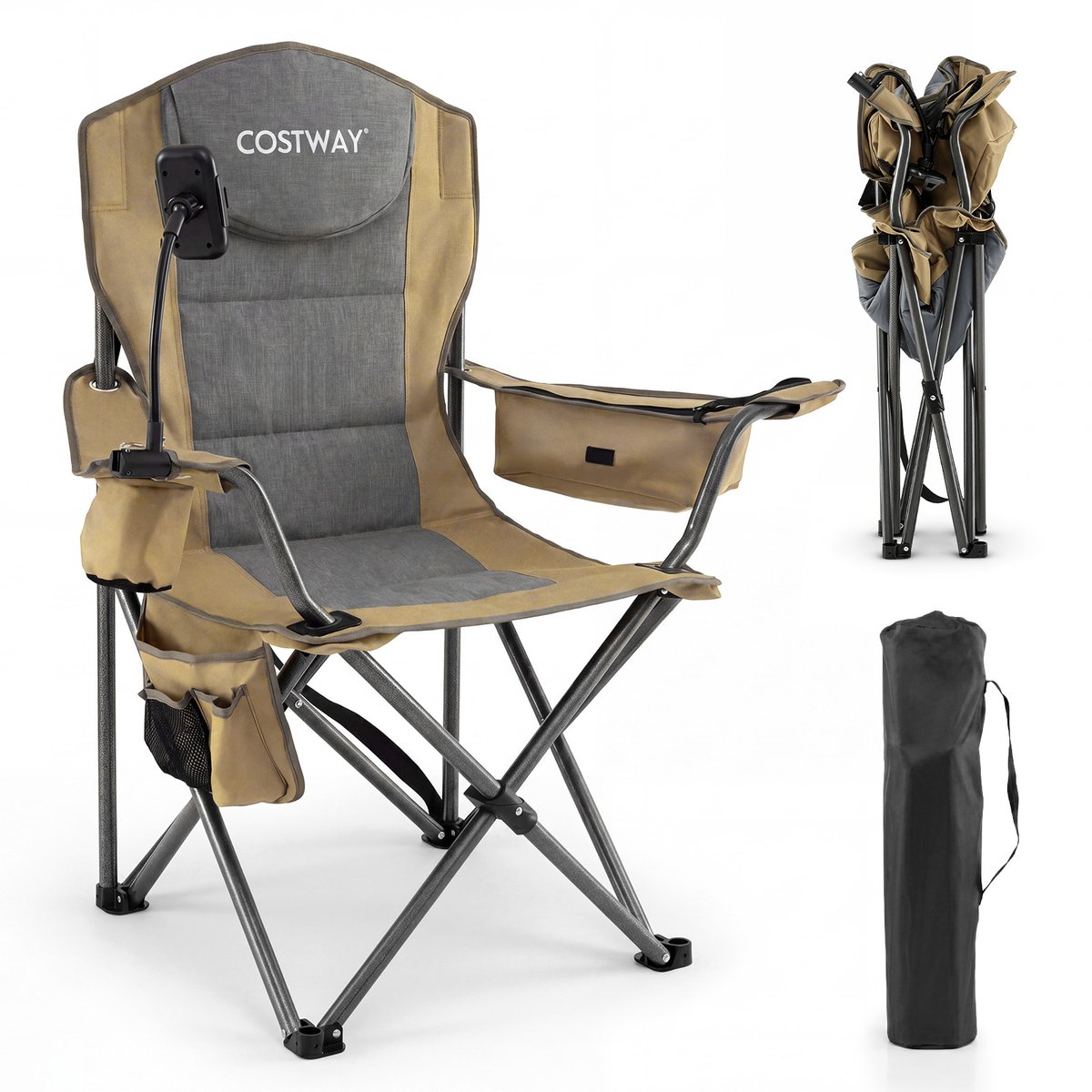COSTWAY Campingstoel, opvouwbaar, XXL, 200 kg, belastbaar, inklapbaar, gevoerd | Extra grote visstoel met koeltas, telefoonhouder, zijvak en bekerhouder, vouwstoel voor camping, picknick