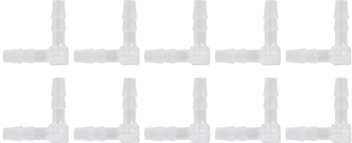 Set van 10 plastic slangpilaren met 90 graden elleboog, L-vormige slangfittingen van 4 mm voor aquarium, lucht, water en inert gas, met stevige pasvorm en gelijke aansluiting