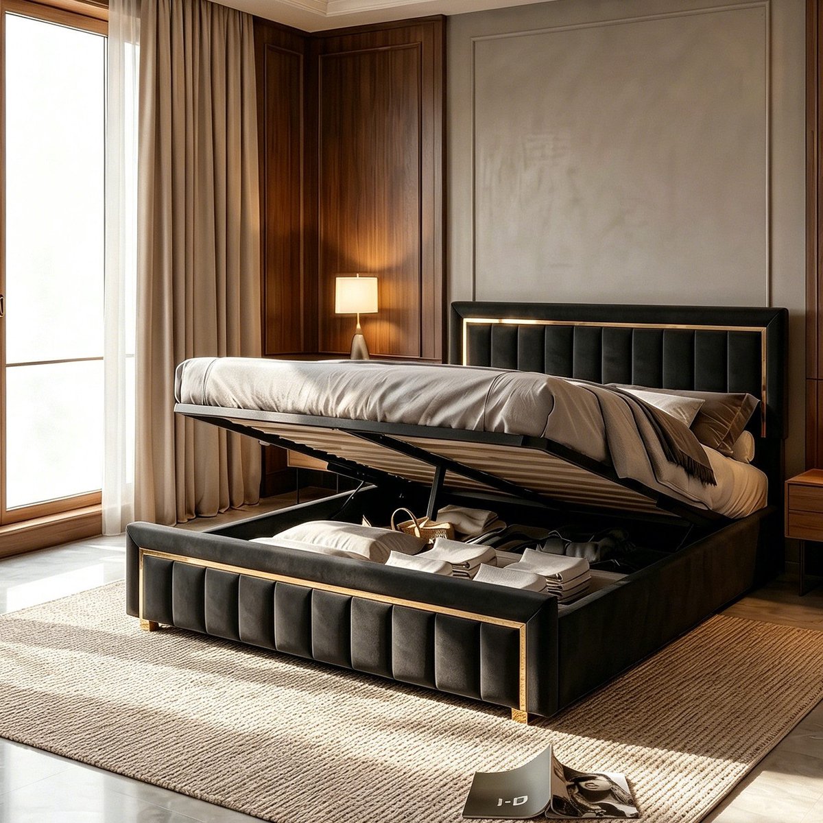 Opbergbed 160x200 cm – Zwart Gestoffeerd Tweepersoonsbed met Gaslift en Ruime Opbergruimte thumbnail 2