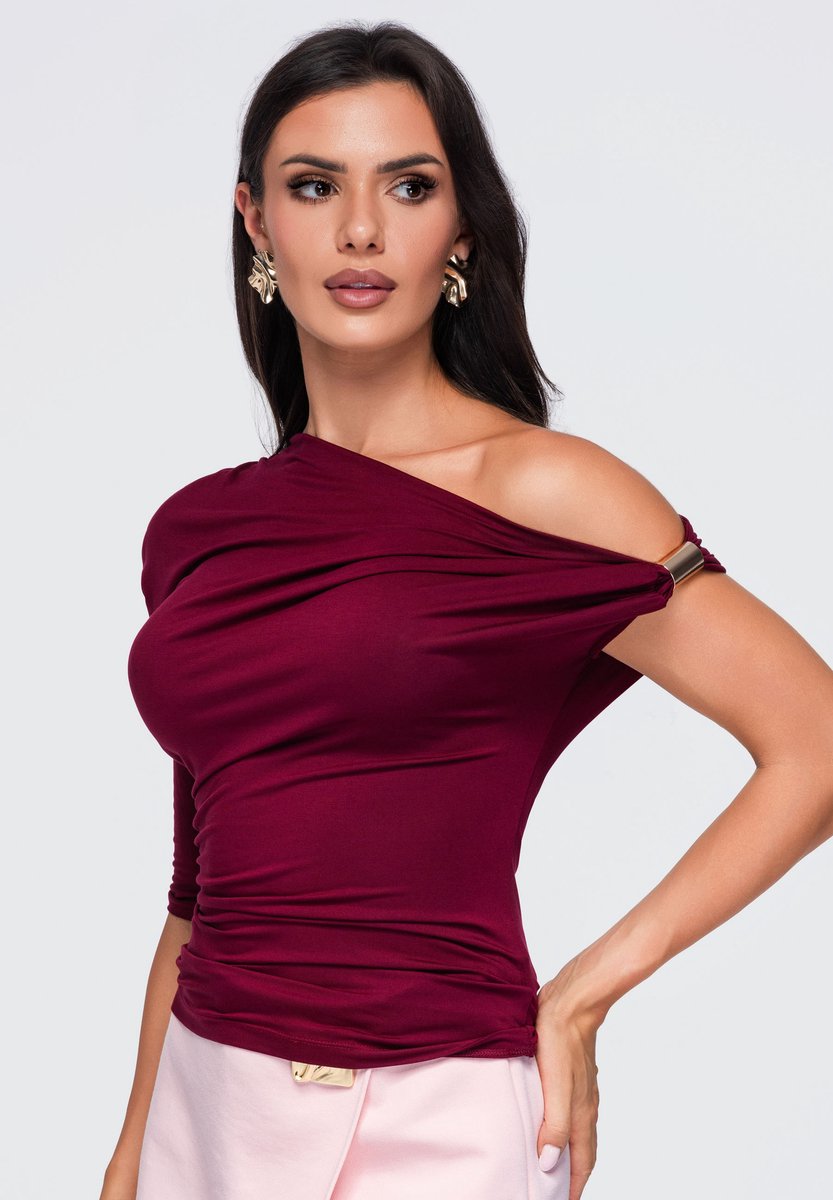 OMBRE Blouse - Slim Fit - Driekwart Mouw - Knopen Bordeaux S/M
