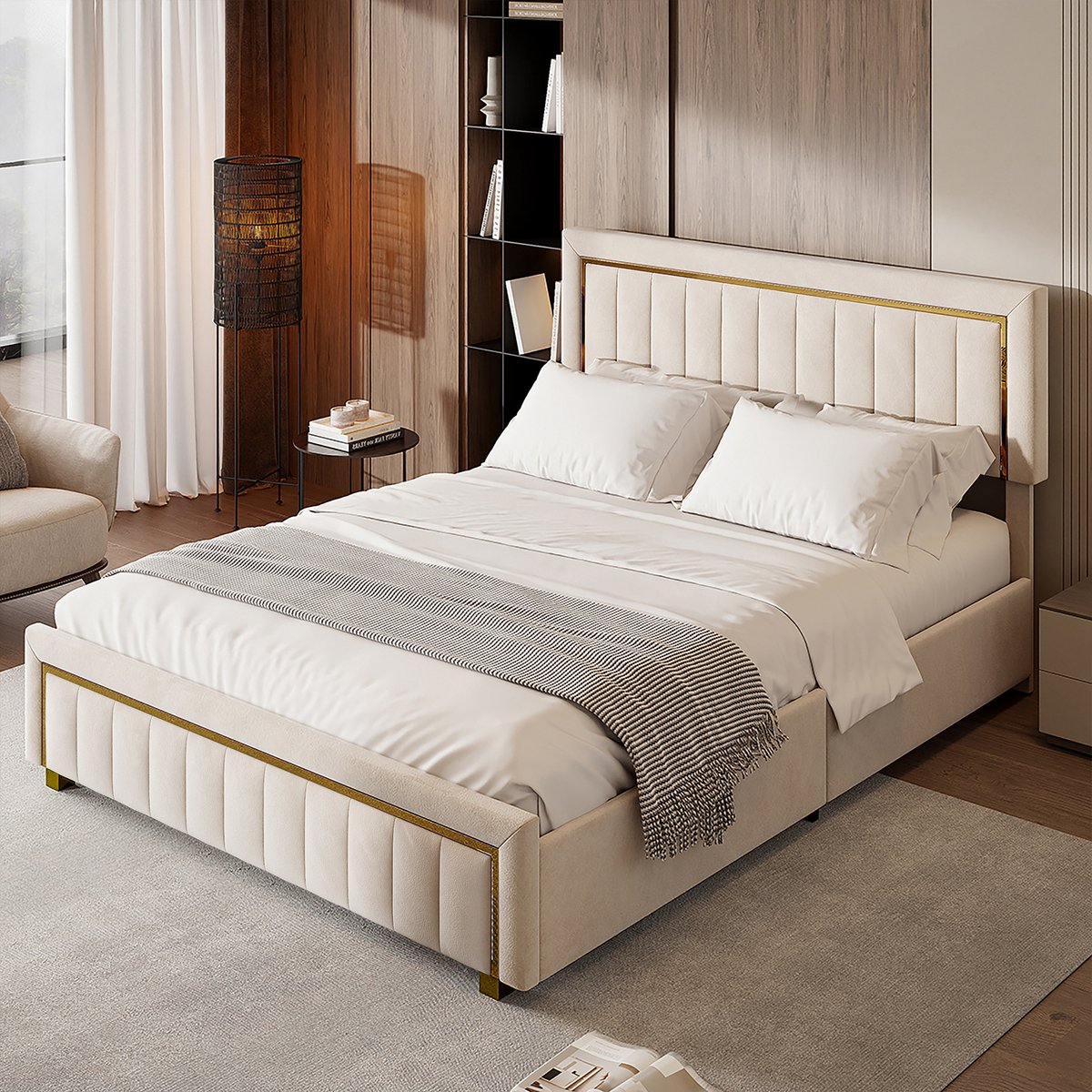 Tweepersoonsbed 180x200 cm met Hydraulische Opbergruimte, Fluweel en Luxe Gouden Details