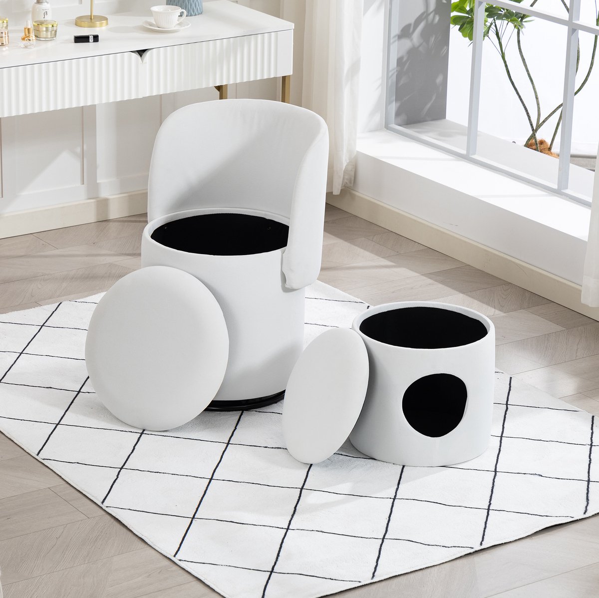 MIVRAY Fauteuil Met Opbergruimte 75 Cm - 360 Draaibare Gepolsterde Velvet Fauteuil - Voor Woonkamer En Slaapkamer - Wit