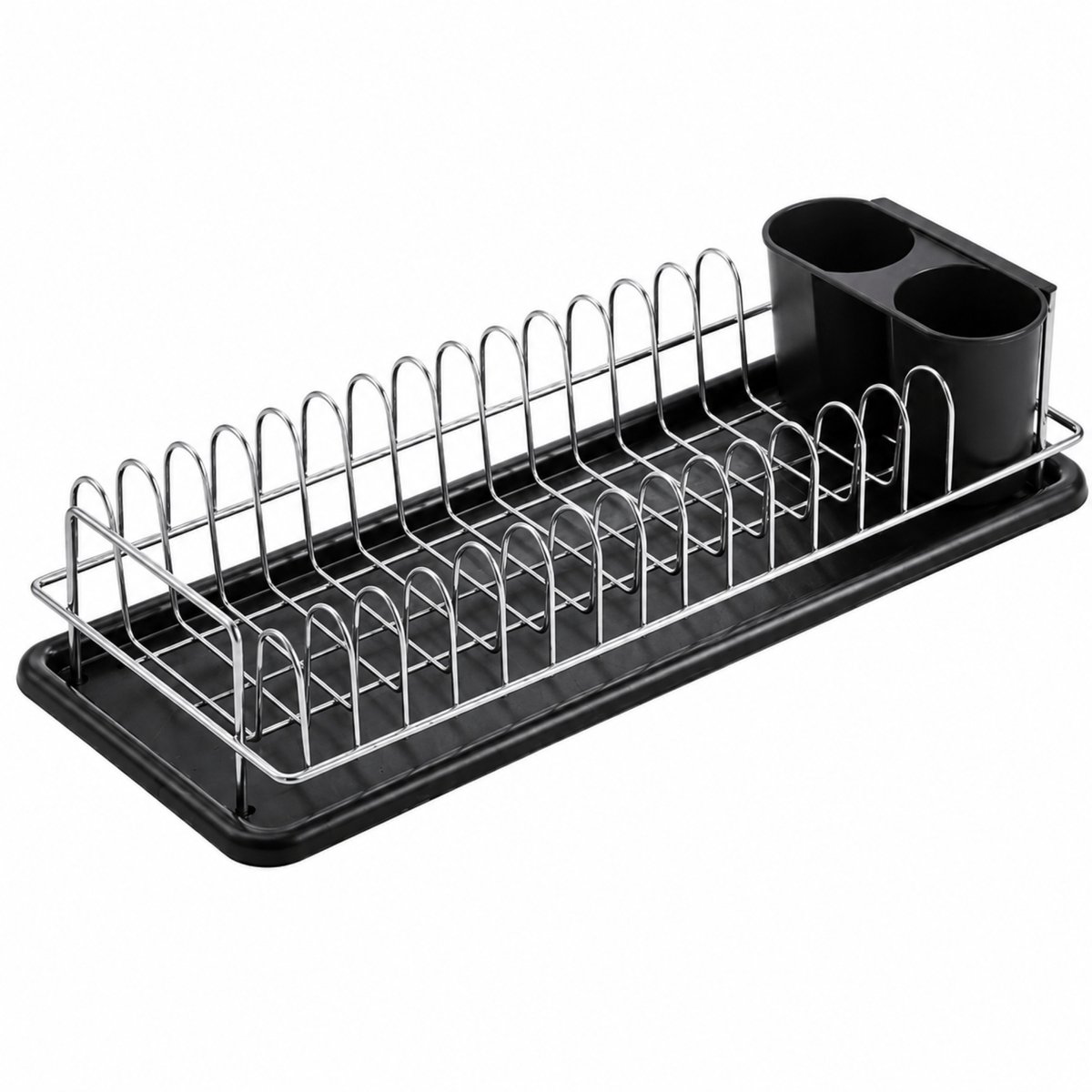 Afdruiprek – Met lekbak en bestekhouder – Zwart en zilver – 38 x 18 x 10 cm – Camping