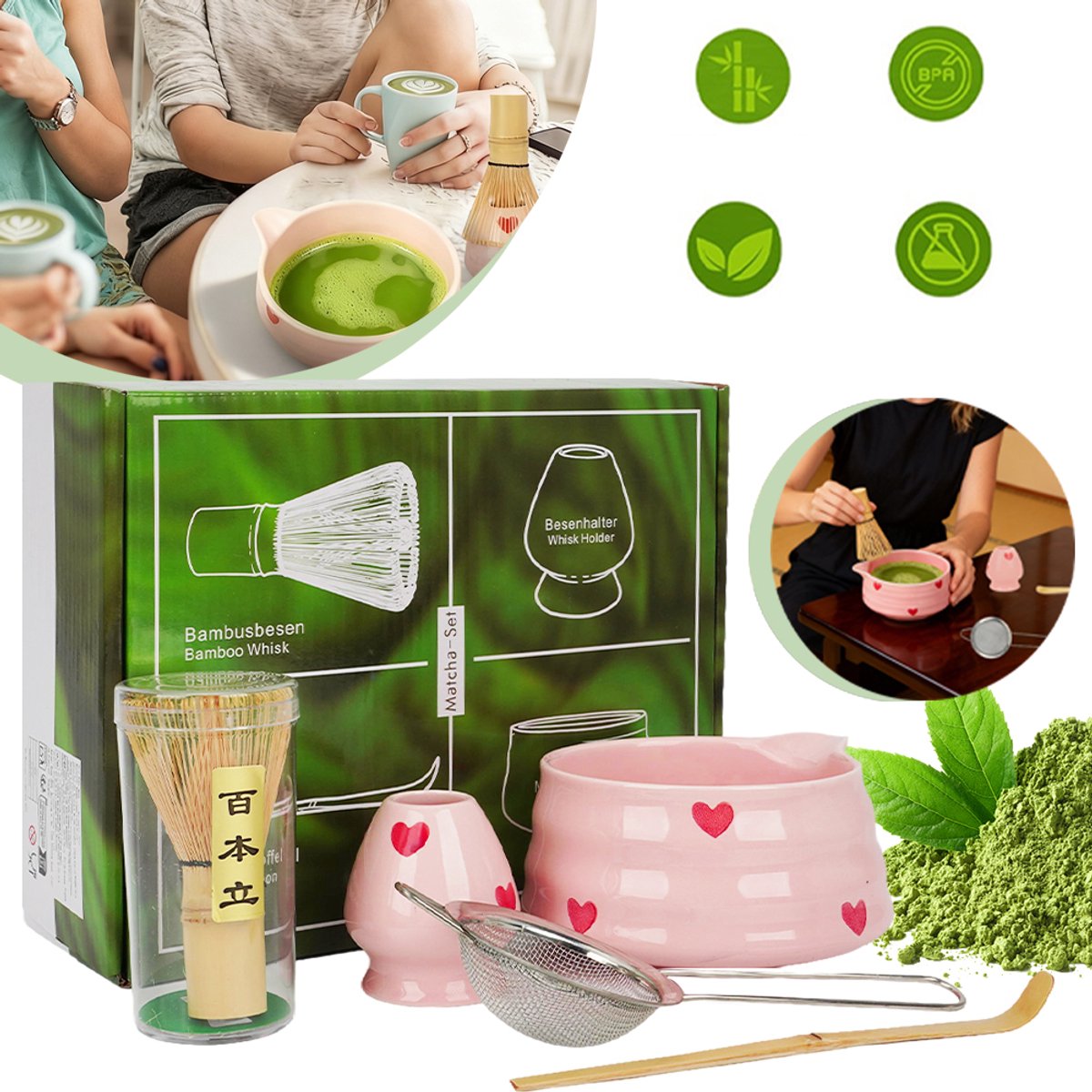 5-Delige Matcha-Maakset - Porseleinen Kom Natuurlijke Bamboe Garde Zeef En Standaard - V-Vormige Schenktuit Gemakkelijk Schoon Te Maken - Ideaal Cadeau Voor Theeliefhebbers