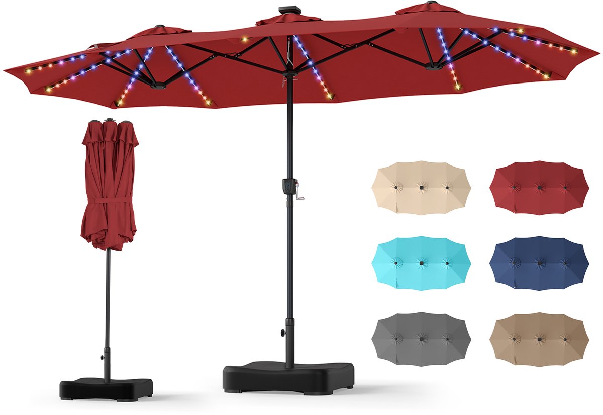 COSTWAY Dubbele parasol 370x200 cm met voet en ledverlichting | 12 verlichtingsstanden, 2 oplaadmogelijkheden, parasol met zwengel, tuinparasol, terrasparasol, rood