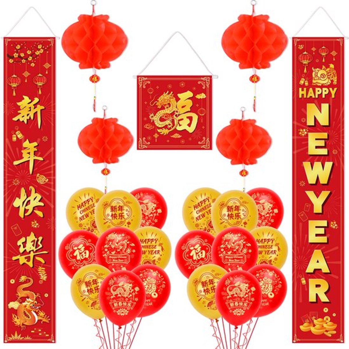 Chinees Nieuwjaar Decoraties 2024, Chinees Nieuwjaar Banner Couplet Chinese Lantaarns Ballonnen voor Lente Festival Decoraties 2024 Gelukkig Nieuwjaar Levert Chinees Nieuwjaar Indoor Outdoor, 25