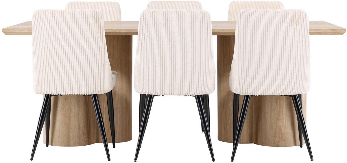 Olivia eethoek eettafel naturel 6 stoelen fluweel beige.