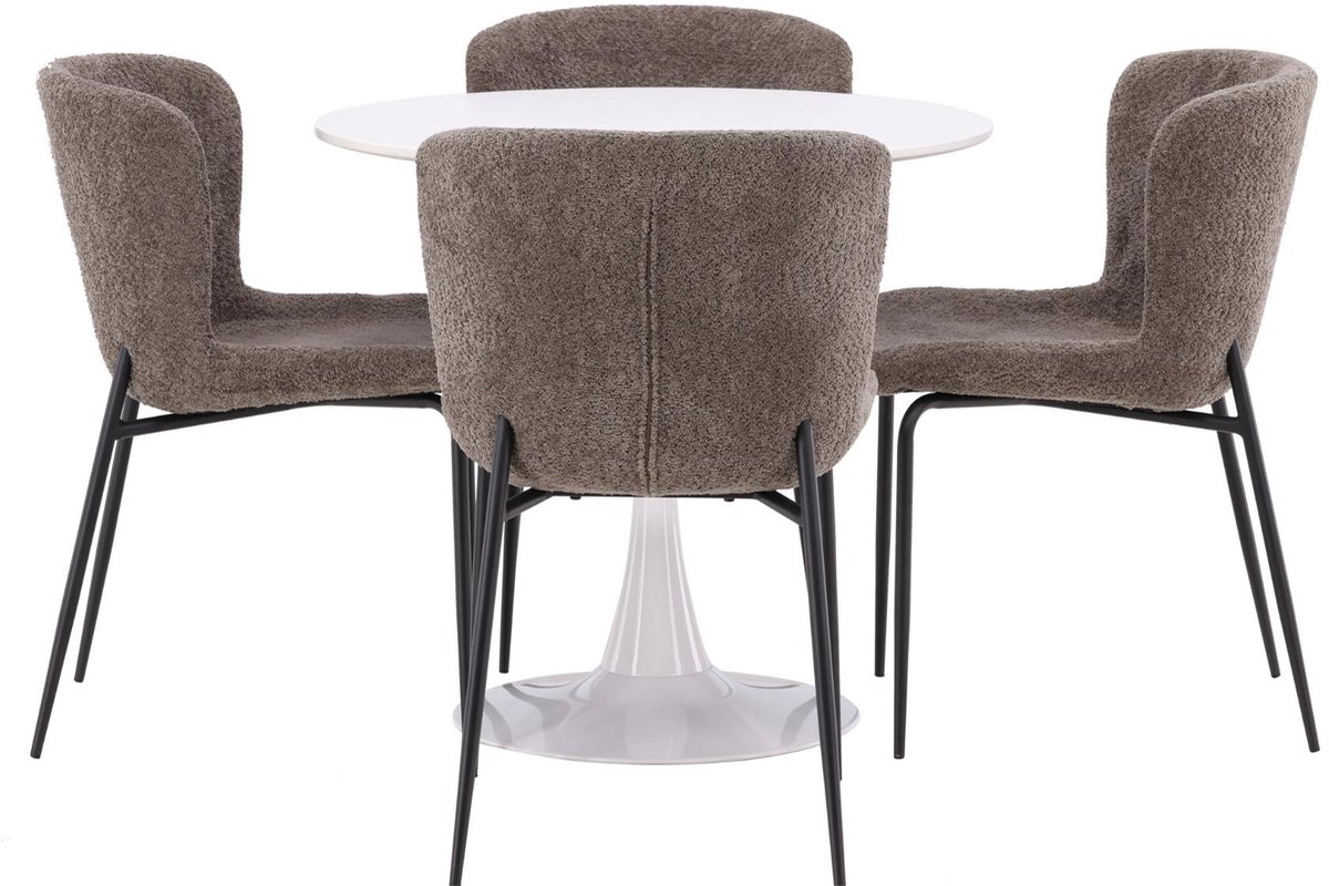 Hamden eethoek eettafel wit 4 stoelen bouclé bruin.
