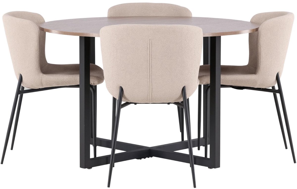Durango eethoek eettafel walnootdecor 4 stoelen bouclé bruin.