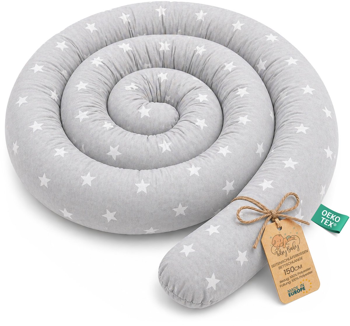 XXL bedslang bedkussen voedingskussen bedrol bedrandbescherming sierkussen bedomranding slang XL handgemaakt Witte sterren op grijs 150 cm Oeko-Tex-certificaat