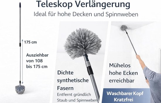 Ragebol met Telescoopsteel - Stoffer Plumeau Spinnenrager - Hoog Stof Verwijderen - Uitschuifbaar tot 175 cm - 175 cm - Grijs van Ragebol — afbeelding 2