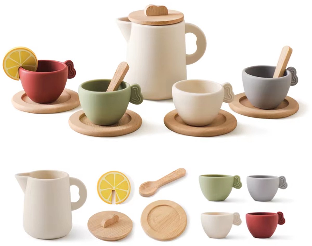 Theeservies Voor Kinderen, Speelgoed Voor Rollenspellen, Keukenaccessoires Van Siliconen, Montessori-Rollenspelspeelgoed, Inclusief Dienblad, Cadeau Voor Meisjes