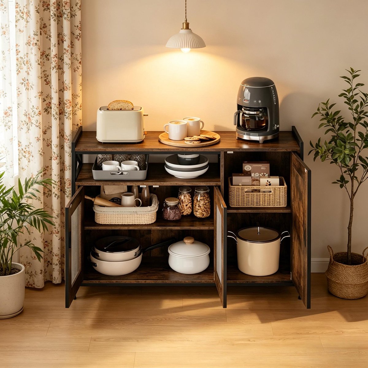 Wishdor - Keukenkast - Open vak en 2-deurs opbergruimte - Industrieel - Keuken, eetkamer of woonkamer - Houtlook en metaal - Rustiek bruin - 110 x 33 x 75 cm