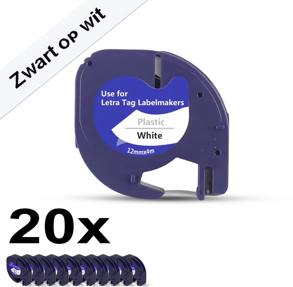 20 Stuks - Navulling Geschikt Voor Dymo LetraTag Labelprinter - Compatible Labels 91201 / S0721610 - Zwart op Wit Plastic - 12 mm x 4 m - Etiketten/Labeltape